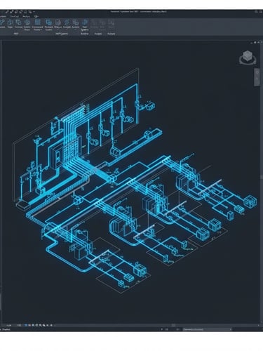 Captura de tela do Revit MEP em dark mode, mostrando um diagrama unifilar gerado automaticamente com fiação elétrica em azul neon, detalhes da interface do usuário nítidos, vista isométrica, alta resolução 8k.