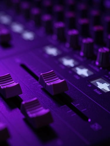 Macro close-up of a high-end studio mixing console with neon purple backlit faders and glowing soundwave displays, dark atmosphere