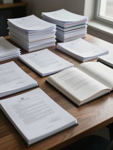 Wide shot of an organized office desk seen from the left side, stacks of notarized documents and open ledger folders arranged in order, soft north-facing daylight entering from a window at the far right edge, no people visible, muted tones of white paper and dark binding
