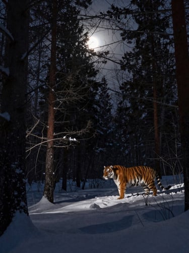 A telephoto lens pointed towards a distant, solitary Siberian tiger in a snow-covered forest, early morning light filtering through trees, emphasizing patient observation and the animal's isolation, fine art wildlife photography.