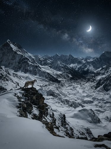 Solitary snow leopard in a vast, pristine mountain landscape under soft moonlight, extreme wide environmental shot, high-contrast natural shadows, fine art landscape photography.