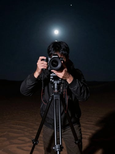 Portrait shot of a photographer's hands adjusting a camera on a tripod in a vast, cold desert landscape under starlight, emphasis on precision and dedication, fine art landscape photography