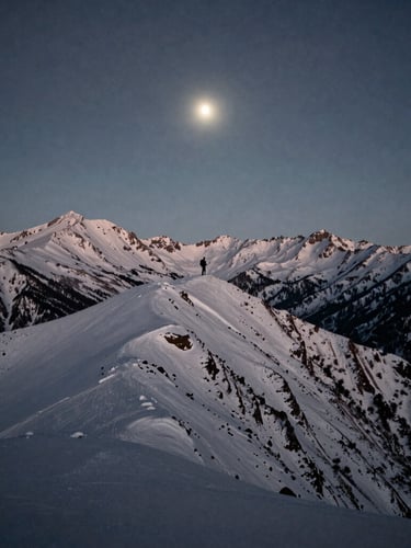Wide panoramic view of a snow-covered mountain range at twilight, a distant solitary figure with a backpack standing on a ridge, emphasizing scale and isolation, muted cool tones, fine art landscape photography.