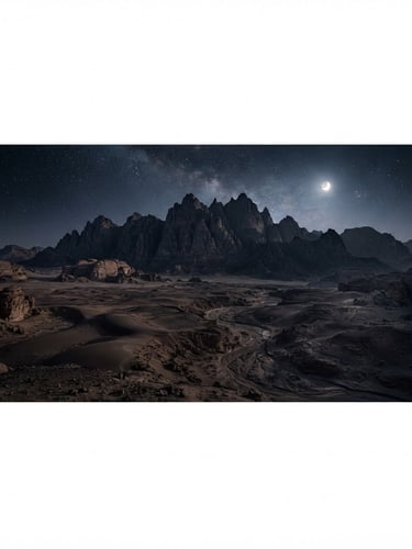 Wide panoramic desert landscape at golden hour, sharp mountains, deep shadows, emphasizing scale and isolation. No human presence, fine art landscape photography, deep contrast, rich dark tones.