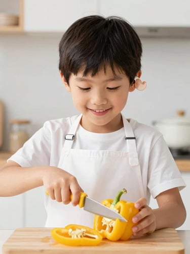 An eye-level medium shot of a cheerful young boy with a hearing aid wearing a white apron, carefully slicing a bright yellow bell pepper with a kid-safe knife in a sunlit kitchen.