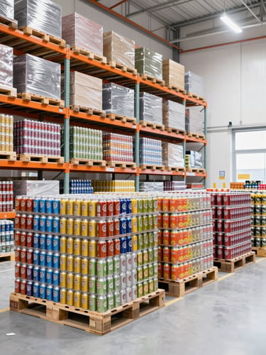 Wide organized warehouse interior with clean modern logistics equipment, temperature-controlled storage racks, and stacked pallets of colorful beverage cans, bright high-key lighting, sharp focus.