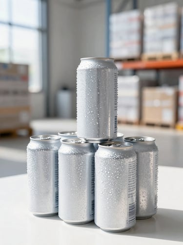 Crisp, condensation-beaded craft beverage cans stacked neatly in a bright, modern, sunlit distribution warehouse, shallow depth of field, high-key commercial photography.