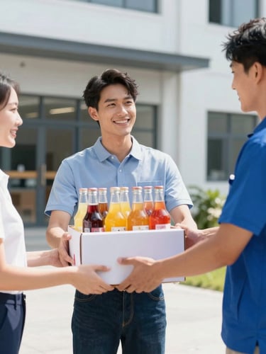 High-key commercial shot of a clean modern warehouse hand-off, a delivery driver in a clean uniform handing a box of premium beverages to a smiling restaurant manager.