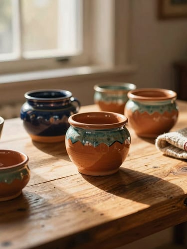 A beautiful close-up of glazed terracotta ceramics and handwoven textiles on a rustic wooden table, warm golden-hour sunlight streaming through a window, soft long shadows, cozy interior setting, 35mm
