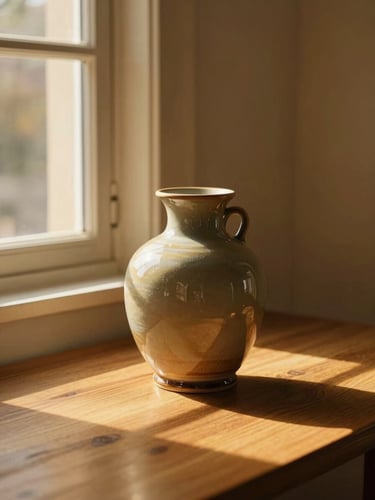 Cozy home interior corner, warm golden-hour sunlight streaming through a window, a glazed ceramic vase on a wooden table, soft shadows, 35mm