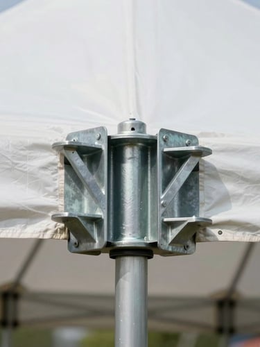 Close-up of load-tested heavy duty steel truss connectors and pristine white vinyl tent canvas tensioned perfectly