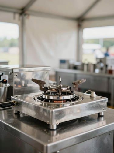A pristine commercial-grade stainless steel burner and catering setup, clean and ready for service inside a professional tent