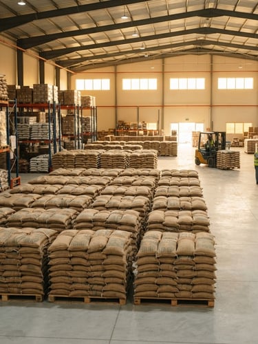 Wide environmental shot of organized pallets of premium branded rice bags stacked inside a clean, modern, well-lit wholesale warehouse in Mukalla, warm natural light filtering through high windows, medium format photography.