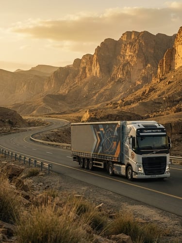 A wide environmental shot of a large commercial delivery truck branded with professional corporate design driving on a paved highway through the scenic arid mountains of Hadramout, warm golden hour sunlight, cinematic framing