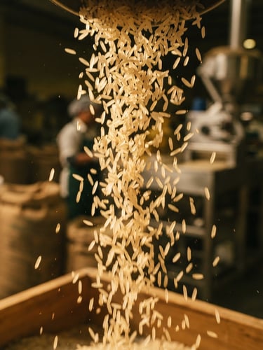 Close-up of premium basmati rice grains falling through golden light, warm editorial photography, rich golden tones, medium format