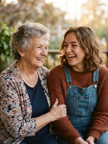 A close-up photograph of an older woman and a young adult volunteer sitting side-by-side on a porch, laughing together under warm, natural golden-hour light, shallow depth of field.