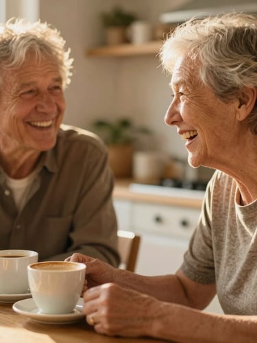 Close-up of a volunteer and a senior neighbor sharing a laugh over a warm cup of coffee in a sunlit kitchen, shallow depth of field, natural golden hour lighting.