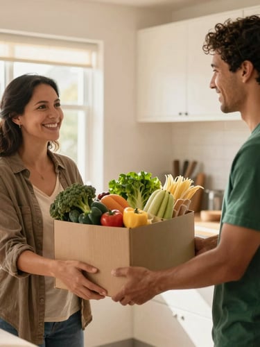 A medium environmental shot of a volunteer handing a box of fresh groceries to a smiling neighbor inside a bright, sunlit community kitchen, warm natural light.