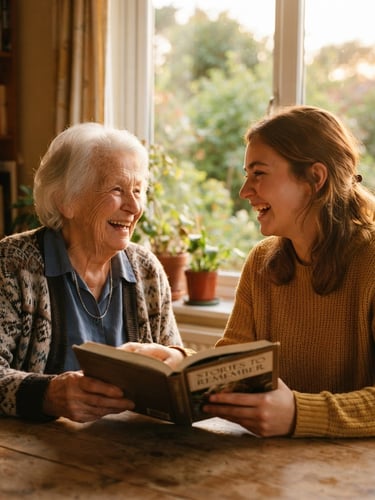 Close-up environmental portrait of an elderly woman and a young female volunteer laughing together by a sunlit window, warm golden-hour lighting, soft focus on their hands holding a book, rich organic tones