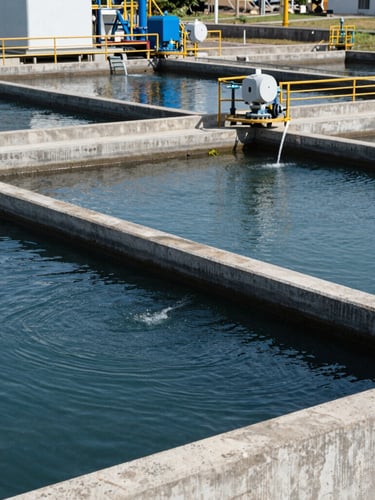 Wide environmental shot of an industrial wastewater treatment plant in Colombia, concrete aeration basins with clean water flow under crisp daylight, technical engineering documentation style, 35mm
