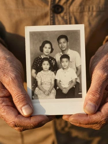 Close-up of old weathered hands holding a vintage black and white family photograph, warm golden hour light, nostalgic editorial style