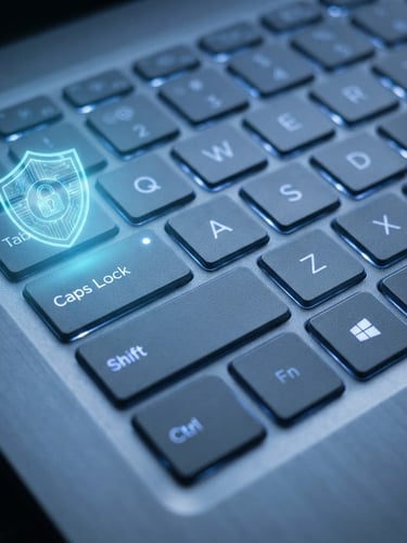 Close-up macro shot of a modern laptop keyboard with soft blue indicator lights, a digital shield vector overlaid, sharp focus, cool tones, 35mm