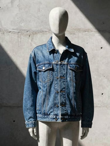 Stark fashion photography, harsh side-lighting, a model in a static sculptural pose wearing a heavy raw denim jacket, concrete background, 35mm