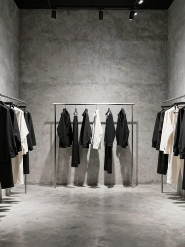 Wide centered architectural crop of a stark minimalist fashion showroom, raw steel racks holding structured garments, harsh high-contrast side-lighting on concrete walls, 35mm
