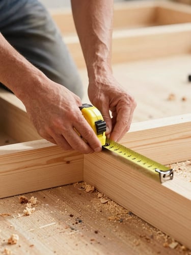 A skilled carpenter's hands precisely measuring a plank of wood with a tape measure, sawdust visible, bright natural daylight, sharp focus on the hands and wood grain, clean architectural framing, 35mm