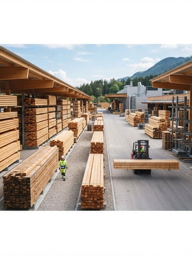 Wide panoramic view of a modern, organized timber yard, neatly stacked structural wood beams under bright natural daylight, sharp focus, clean architectural framing, 35mm