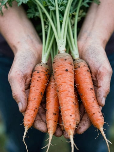 Close-up of weathered hands holding freshly harvested heirloom carrots with dark soil still clinging to the roots, soft natural morning daylight, rich textured details, 35mm film style