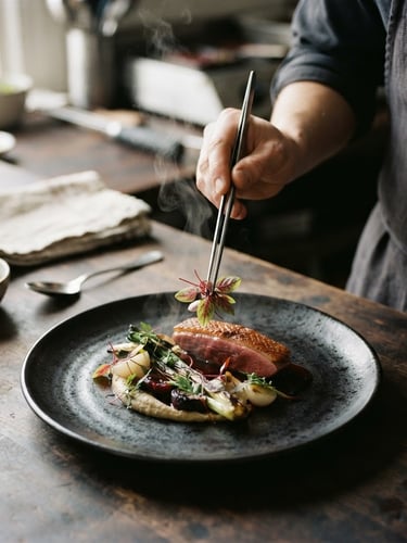 Overhead editorial shot of hands plating a dish with tweezers, steam rising, soft northern daylight on dark ceramic plate, 35mm film style.
