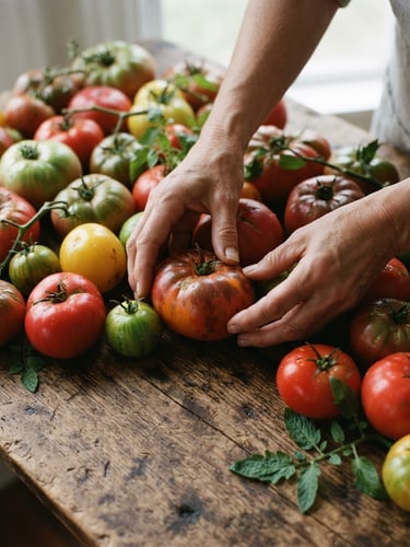 A close-up of hands arranging fresh heirloom tomatoes on a rustic wooden table, soft northern daylight, rich crimson tones, 35mm film