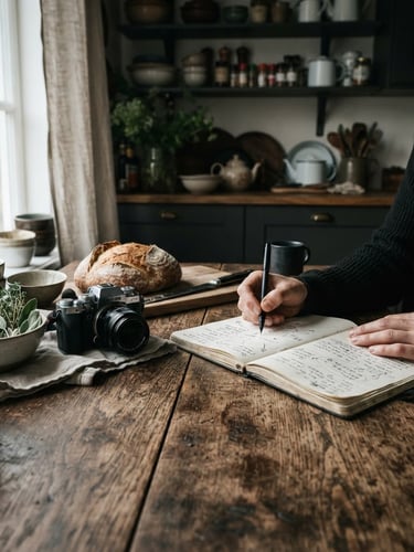 Wide panoramic shot of a rustic kitchen table, hands sketching content strategy on a notebook, a camera lens and fresh ingredients (herbs, crusty bread) nearby, moody Scandinavian daylight, high-contrast shadows, rich textures, 35mm lens.