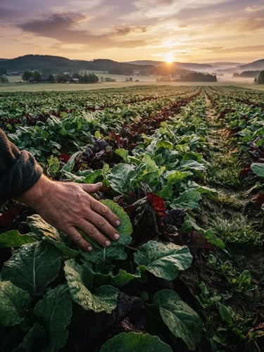 Wide panoramic view of a fertile field at dawn, dew on the leaves, soft golden light, high-contrast shadows, a farmer's hand gently touching a crop in the foreground, low horizon line, matte forest green and deep crimson tones.