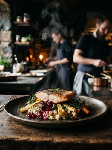 Close-up of steam rising from a perfectly plated dish in a dimly lit, cozy Scandinavian-style restaurant kitchen, high-contrast shadows, 35mm lens