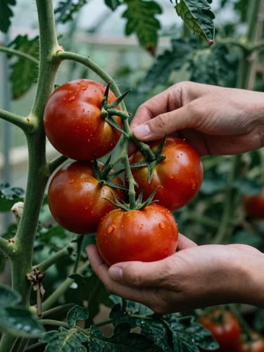 Close-up of hands gently harvesting fresh, ripe tomatoes from a vine in a greenhouse, soft Scandinavian daylight, rich green and red tones, high-contrast shadows, 35mm lens.