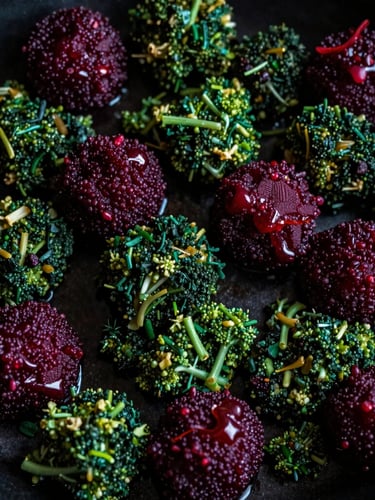 Portrait close-up of a beautifully plated dish, showcasing rich textures and vibrant colors, moody Scandinavian daylight, high contrast, deep crimson and forest green tones, 35mm lens.