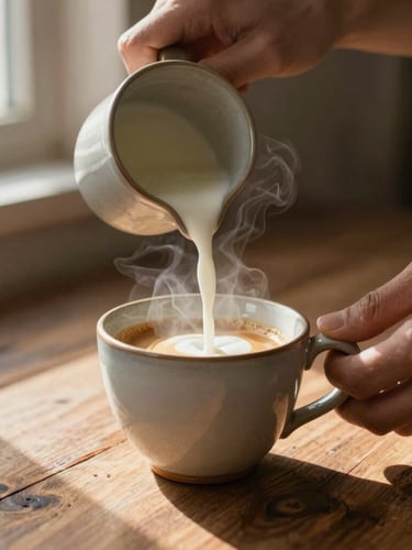 Close-up shot of hands pouring fresh milk into a ceramic cup of espresso, warm morning light streaming across a rustic wooden table, steam rising, shallow depth of field
