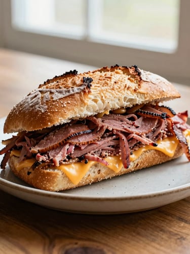 Close-up overhead shot of a thick-cut hot pastrami sandwich on fresh sourdough bread, melted cheese, on a rustic ceramic plate, soft natural window light, wood grain table.