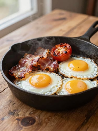 Close-up shot of a steaming cast iron skillet breakfast with fried eggs, sizzling bacon, and roasted tomatoes on a rustic wooden table, warm natural light