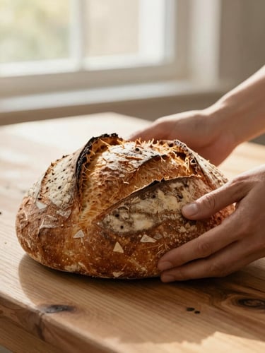 Hands sharing a freshly baked loaf of rustic sourdough bread over a natural wood table, warm golden hour light, soft focus.