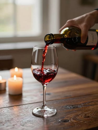 Close-up of a hand pouring red wine into a glass on a dark wooden table with candles, warm low-angle golden hour light, shallow depth of field, 35mm