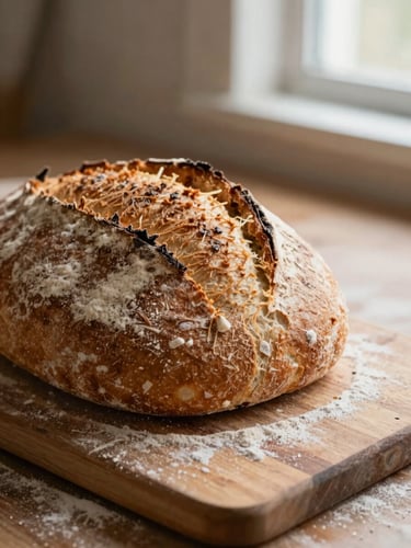 Close-up shot of a fresh loaf of rustic sourdough bread being sliced on a wooden board, flour dusting the surface, warm morning light