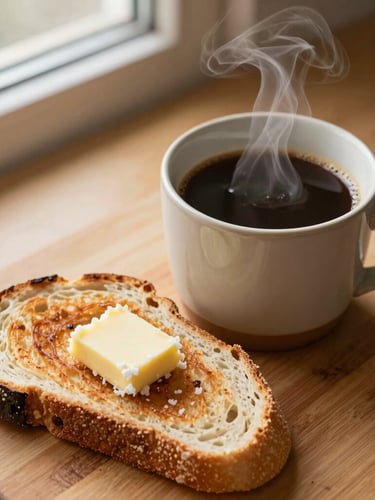 Close-up overhead shot of steaming black coffee in a ceramic mug beside thick slices of toasted sourdough with house-whipped sea salt butter, soft morning window light, warm wood table background, shallow depth of field, 35mm