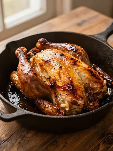 Close-up overhead shot of roasted chicken in a cast iron skillet on a rustic wooden table, low-angle golden hour light, warm editorial food photography, 35mm