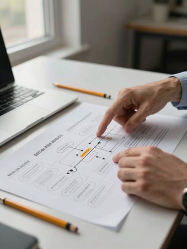 Close-up of a founder's hands pointing at an annotated strategic framework spread on a desk, natural window light from the left, laptop open beside it, pencil marks and circled priorities visible on the document