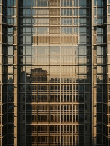 Symmetrical architectural crop of a modern corporate skyscraper in Nairobi, sharp geometric shadows, soft directional window light, warm desaturated tones, 35mm film style.