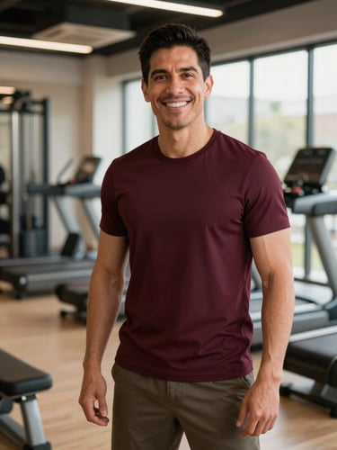 Retrato profesional de Steven Barquero, hombre latino de 30-40 años, sonriendo amablemente, en un ambiente de gimnasio moderno con luz natural, tonos cálidos.