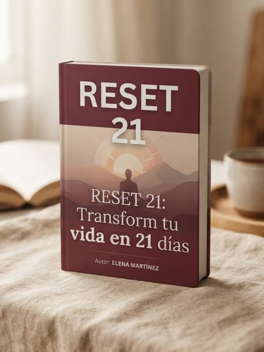Mockup 3D del ebook RESET 21 en español, con portada visible, sobre un fondo de color beige claro, con iluminación suave.